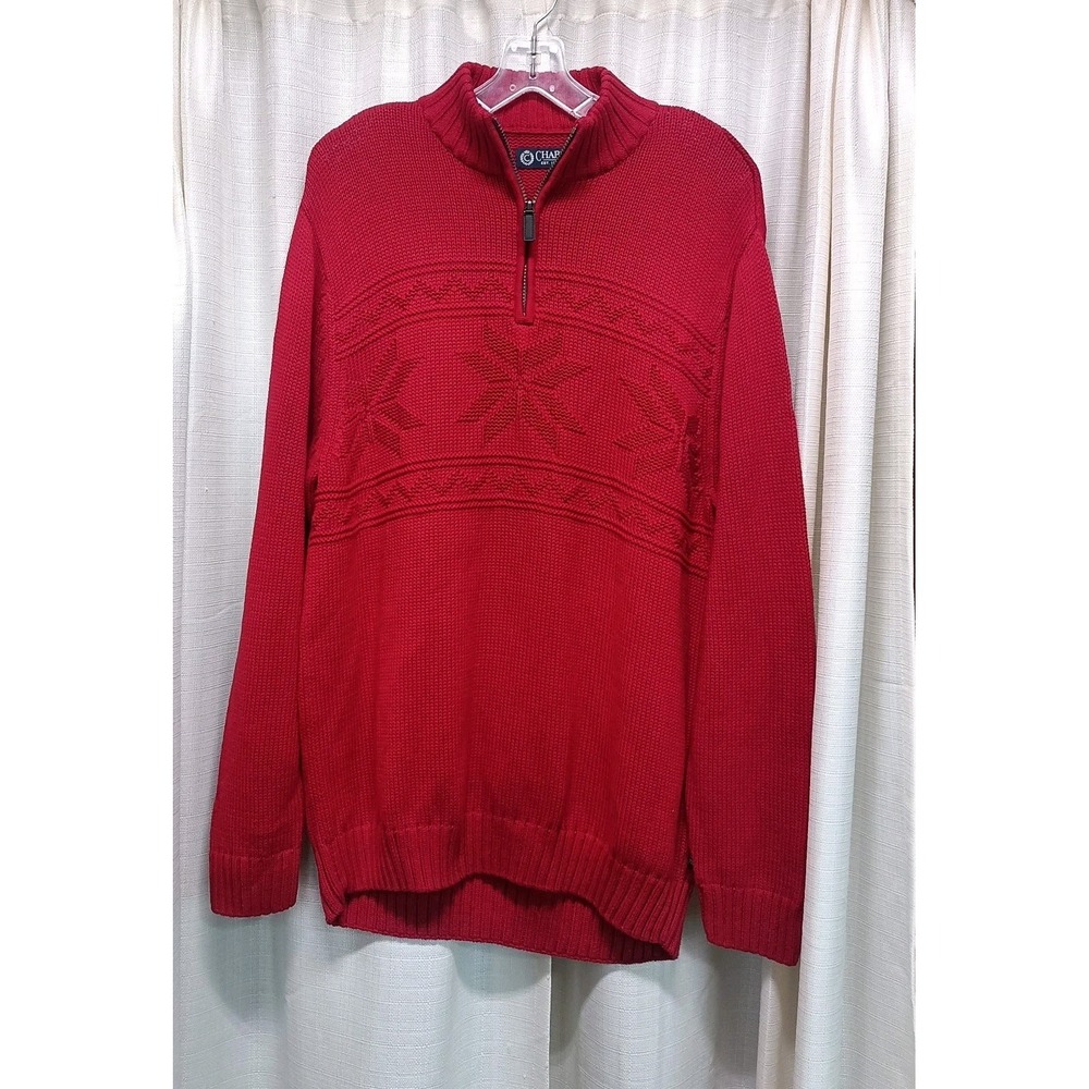 Chaps Men M Red 1/4 Zip Tight Knit Pullover Sweater Winter Snowflake NWT Festive